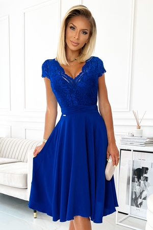 Dress with lace bodice jersey with elastic lace short sleeves back fastening with hidden zipper stitched belt gently