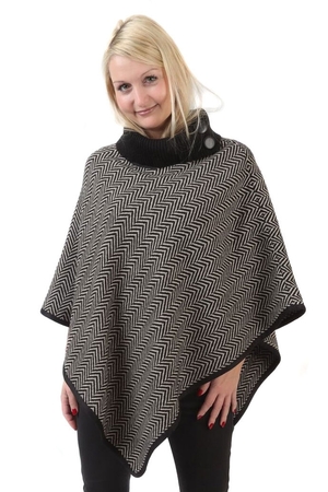 Warm poncho in 100% wool combination of black and beige regular geometric pattern monochrome, ribbed turtleneck decorative