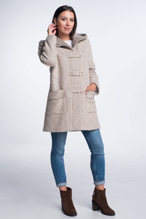 Women's wool duffel coat monochrome hidden zip under the lapel wide hood large patch pockets lining above knee length natural