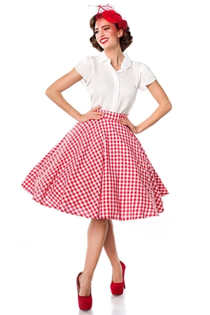 A playful retro-style circle skirt from German brand Belsira strong, high waist hidden side zip knee-length colourful plaid
