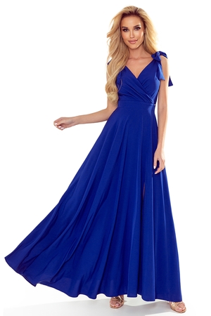 Long evening dress V-neckline Sleeveless Waist height/neckline depth can be adjusted by tying at the shoulders Romantic bows
