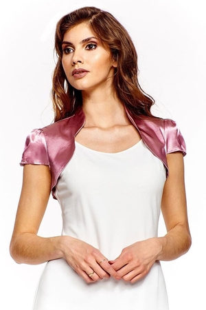 Mini bolero in glossy satin monochrome low raised collar strongly cut out front doubled front short ruffled sleeves