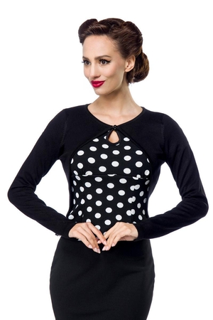 Black sweater bolero long sleeved round neck fastens with a small button under the neck doesn't cover the neckline lowered