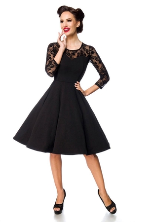 Luxury black dress with lace lace top three-quarter sleeves suede lace on fine tulle heart neckline bodice wheel skirt solid,