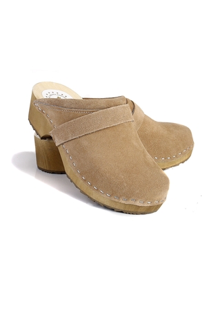 Orthopedic women's clogs made of natural materials - wood and sanded leather round, closed toe anatomically shaped insole