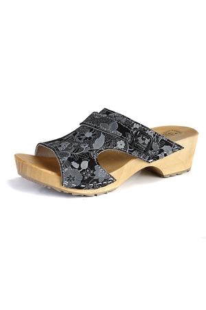 Orthopaedic clogs - slippers made of natural materials with a fine black and white pattern open toe anatomically shaped