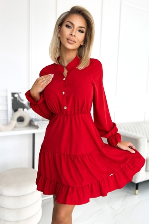 Red above knee dress monochrome low stand-up collar long sleeves with elasticated wrist stretch top elasticated waist flared