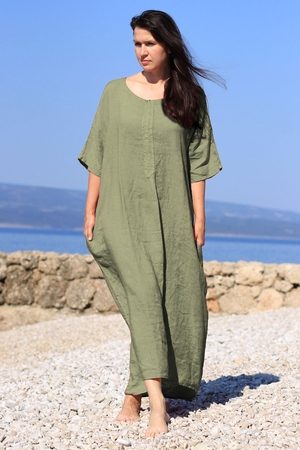 Original women's summer linen dress in ankle length. one color design long length round neckline, in the middle with a narrow