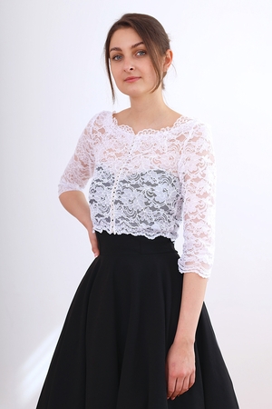 Shirt bolero with fastening: full-length reversible button closure with lace trim clover neckline three-quarter sleeves