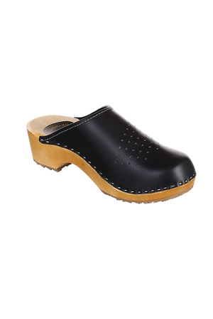 Stylish women's and men's retro clogs. Made of light poplar wood and natural laminated leather. Ideal footwear for healthy