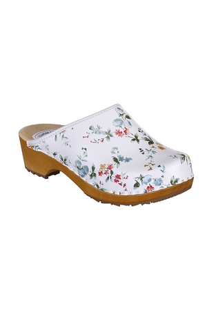 Stylish women's flowered retro clogs. Made of light poplar wood and natural laminated leather. Ideal footwear for healthy