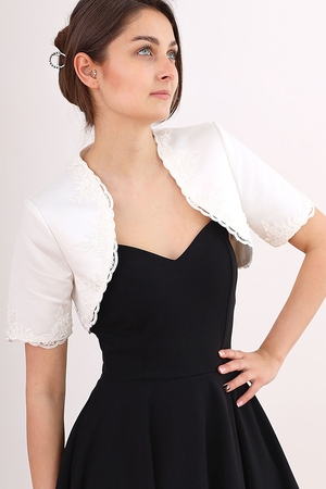 Wedding bolero: with arched, lace hems short sleeves lined with no fastening in white or warm white - ivory satin for