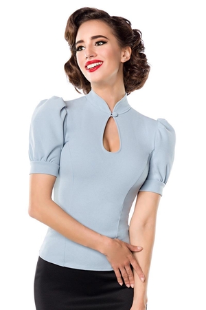 Retro style blouse for women from German company low stand-up collar with button at the neck unconventional teardrop neckline