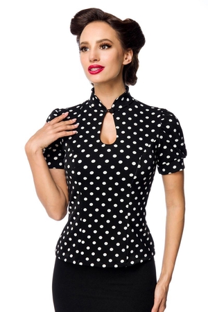 Women's elegant polka dot blouse in popular retro style black - white combination low stand-up collar with button at the neck