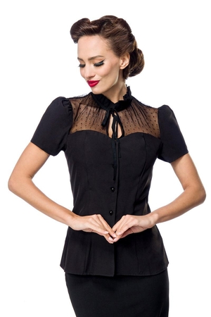 Black ladies elegant blouse thin drawstring at neck drop neckline corset cut style insert with tiny polka dots short,