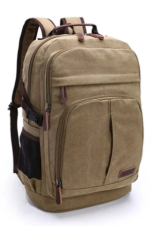 Large student backpack: in a modern canvas design with leather details two large main zipped pockets laptop compartment