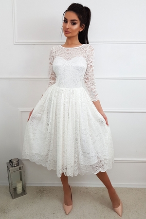 Wedding dress full-length satin-lined round neck three-quarter sleeves lower than knee length skirt rich A-line skirt back