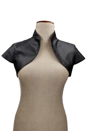 Satin, slightly glossy bolero monochrome low stand-up collar short sleeves reinforced bottom, back edge back pleats no