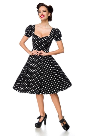 Dress with polka dots: rich circle skirt wide waist heart neckline balloon sleeves cuffed sleeves hidden zipper closure at