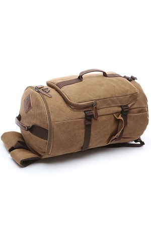 Smaller backpack + travel bag in one: modern design water-resistance canvas with leather details can be carried in hand, over