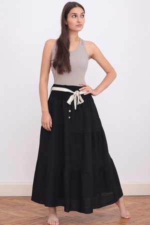 Women's long ruffled romantic skirt monochrome wide waistband made of smooth elastic stretched elastic at the waist side