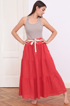 Women's long ruffled romantic skirt monochrome wide waistband made of smooth elastic stretched elastic at the waist side