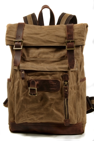 One-colour waterproof backpack with leather details in popular retro style cotton lining two internal freely accessible