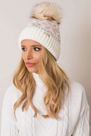 Women's cap with pompom folded brim knitted Norwegian pattern with wool blend lined with fine fleece warm universal size