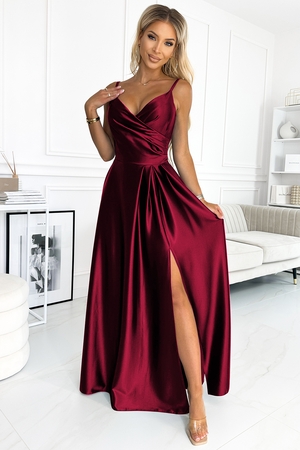 Elegant long ball gown long A-line skirt high slit rolls up as you walk stripes at side spaghetti straps zipper closure at