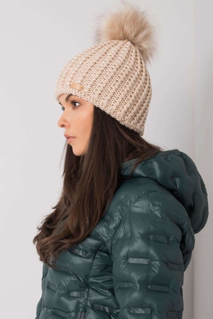 Warm cap for winter double layer stretchable, line pattern faux fur pompom rubber in the bottom edge with wool blend