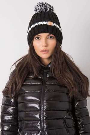 Warm cap for winter monochrome with contrasting stripe playful pompom fleece lining double hem flexible, line pattern with