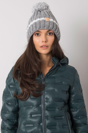 Warm cap for winter monochrome with contrasting stripe playful pompom fleece lining double hem flexible, line pattern with