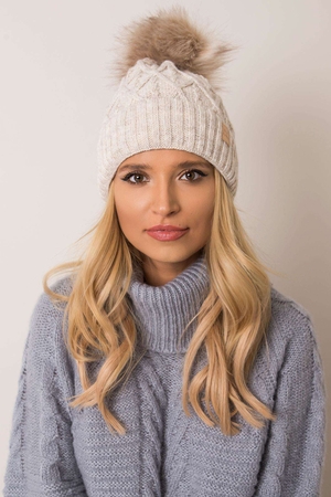 Women's winter hat - kulich monochrome geometric knitted pattern flexible, double row hem fleece lining fur pompom