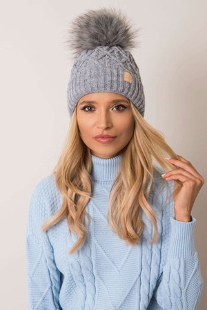 Women's winter hat - kulich monochrome geometric knitted pattern flexible, double row hem fleece lining fur pompom