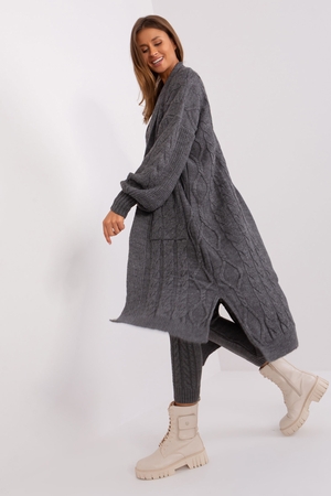 Long cardigan for year-round wear monochrome long balloon sleeves reduced shoulder seams stitched pockets on front no button