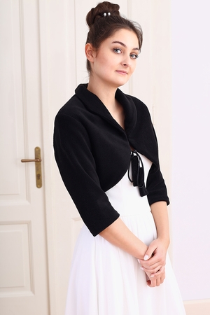 Elegant warm bolero not only for the bride monochrome three-quarter sleeves low stand-up collar satin cord with fur to tie